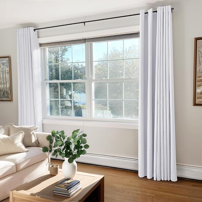100% Blackout Shield Linen Blackout Curtains for Bedroom, Bright White Grommet Curtains for Living Room, Thermal Insulated Room Darkening Drapes for Nursery, Boho Home Decor, 50" W x 108" L, 2 Panels