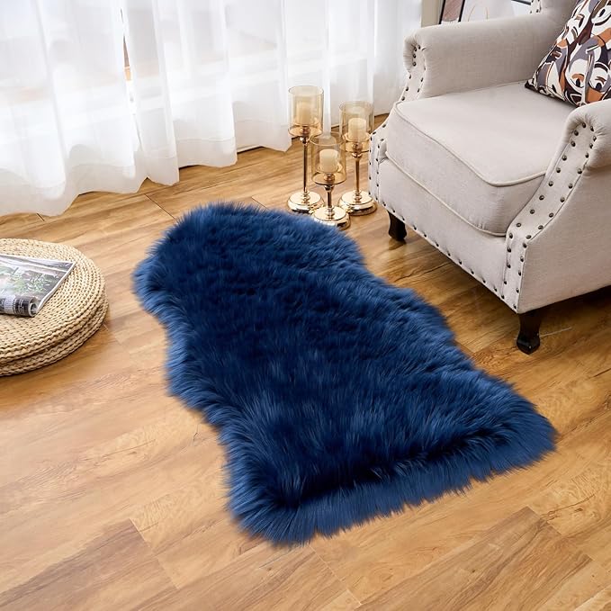 EasyJoy Ultra Soft Fluffy Shaggy Area Rug Faux Fur Rug Chair Cover Seat Pad Fuzzy Area Rug for Bedroom Floor Sofa Living Room (2 x 4 ft Sheepskin, Dark Blue)