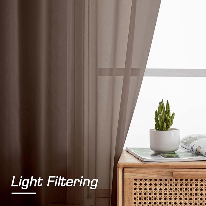 OWENIE Sheer Curtains 54 inches Long for Living Room Bedroom, Rod Pocket Light Filtering Voile Sheers Panels Drapes Small Window Treatments 2 Panels, 42" W x 54" L, Chocolate