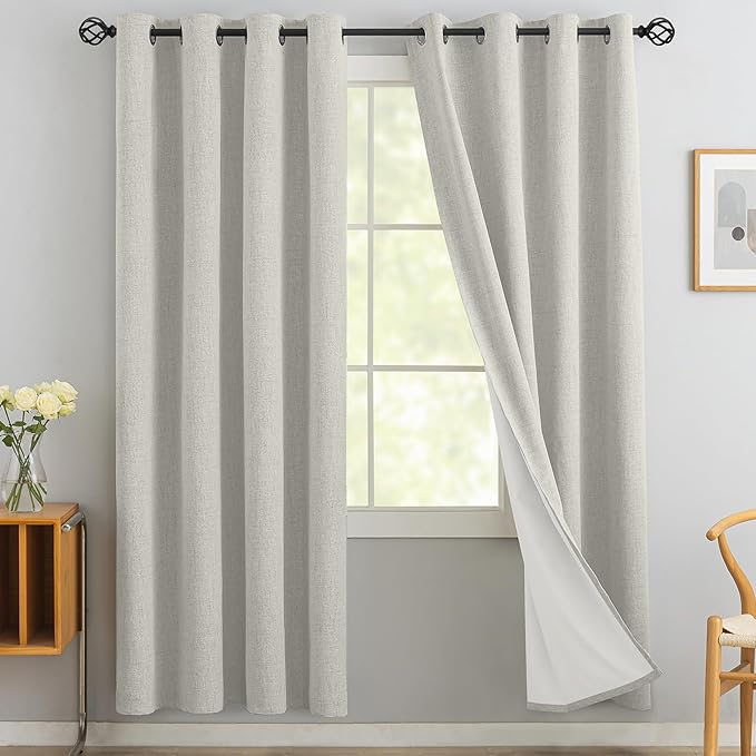 Yakamok Cream Linen Curtains 100% Blackout 96 Inches Long,Room Darkening Textured Curtains for Living Room Thermal Grommet Bedroom Curtain 2 Panels with Greyish White Liner
