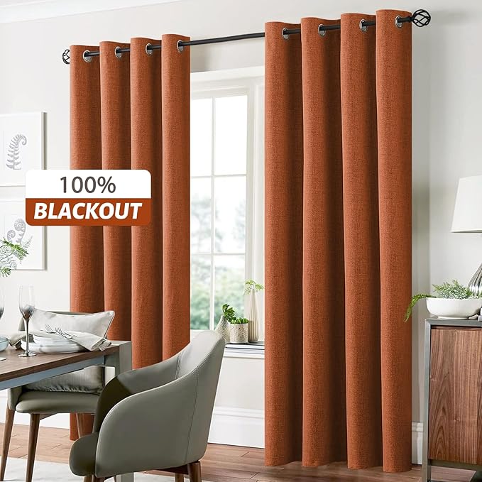 Yakamok Burnt Orange Linen Curtains 100% Blackout 90 Inches Long,Room Darkening Textured Curtains for Living Room Thermal Grommet Bedroom Curtains 2 Panels with White Liner