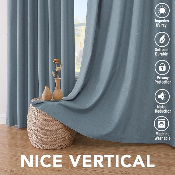 H.VERSAILTEX Linen Curtains 100% Blackout Curtains for Bedroom 90 inch Long Full Light Blocking Nature Linen Blended Window Curtains for Living Room Nickel Grommet (2 Panels, Stone Blue)