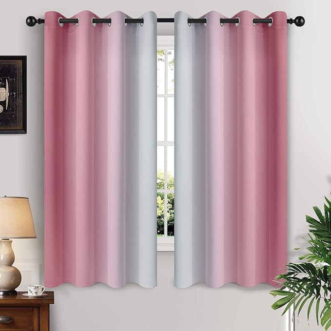 Yakamok 63 Inch Length Ombre Curtains, Thermal Insulated Grommet Window Drapes, Room Darkening Gradient Color Curtains for Girl's Bedroom (Pink and Greyish White, 52x63 Inch, Set of 2)