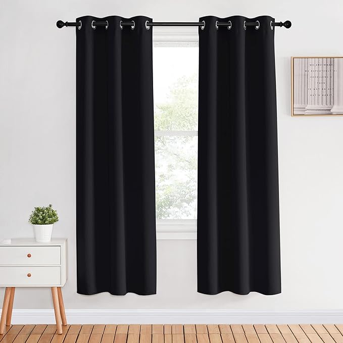 NICETOWN Blackout Curtain Panels 70 inches Length, Set of 2, 34 inches Wide, Black, Light Reducing Thermal Insulated Solid Grommet Room Darkening for Bedroom/Night Shift