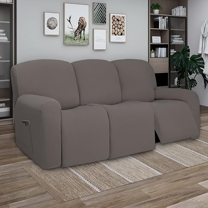 PureFit Super Stretch 3 Seats Recliner Sofa Couch Cover with Pocket-Non Slip Soft Sofa Slipcover, Washable Spandex Reclining Furniture Protector for Kids, Pets (Large, Taupe)
