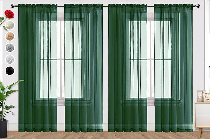 SpaceDresser Foliage Green Sheer Curtains 4 Panels Rod Pocket Semi-Sheer Curtain 54 Inches Long Light Filtering Voile Window Drapes for Bedroom Living Room Kitchen, Each 52W x54L