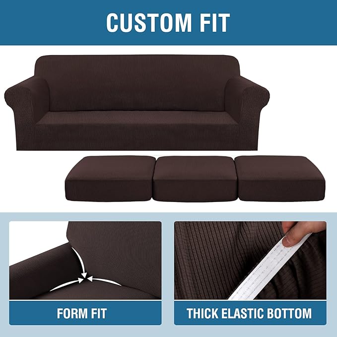 H.VERSAILTEX 4 Piece Stretch Sofa Covers for 3 Cushion Couch Covers for Living Room Furniture Slipcovers (Base Cover Plus 3 Seat Cushion Covers) Upgraded Thicker Jacquard Fabric (XL Sofa, Chocolate)