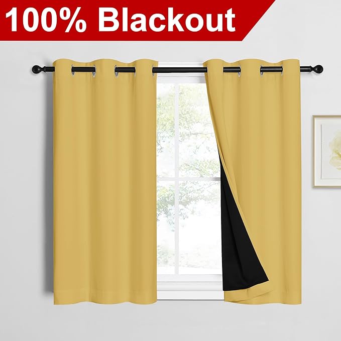 NICETOWN Bright Yellow 100% Blackout Curtains 45 inches Long, Thermal Insulated Full Blackout 2-Layer Lined Curtains, Energy Efficiency Window Draperies for Dining Room (2 Panels, 42-inch W)