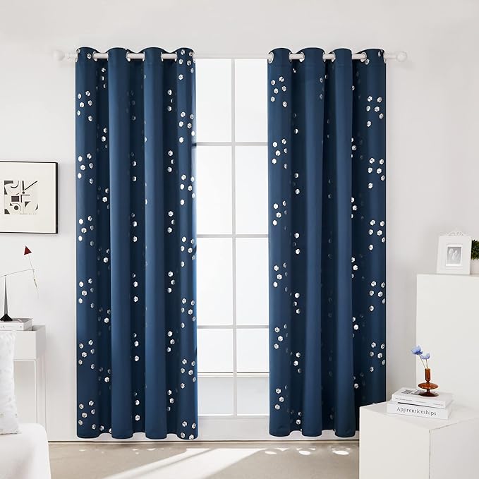 Deconovo Designer Series Silver Print Cubic Print Blackout Curtains for Living Room Bedroom, Thermal Insulated Soundproof Window Drapes, Grommet Top, Navy Blue, 52W x 84L Inch, 2 Panels