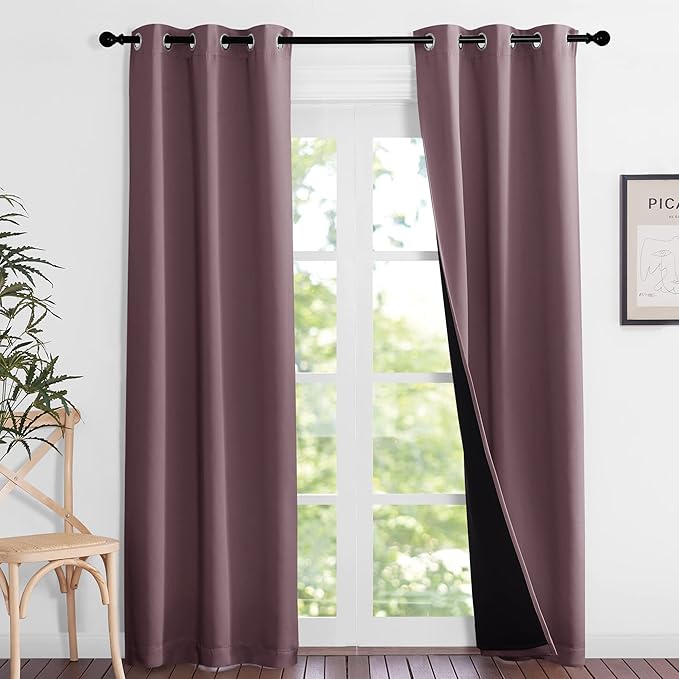 NICETOWN Dry Rose Blackout Curtains 84 inches Long, Full Light Blocking Drapes with Black Liner for Nursery, Noise Reducing Thermal Insulated Draperies for Doorway (2 Pieces, 37" Wide Each Panel)