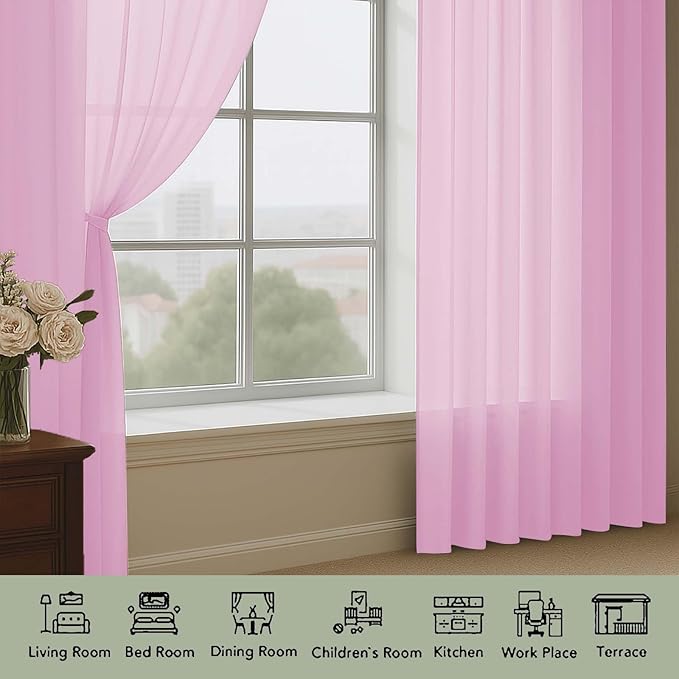 OWENIE Pink Sheer Curtain 90 Inches Long 2 Panels Set, Solid Filmy Drapes for Living Room Bedroom, Elegant Window Voile Sheer Curtain Panels Drapes, 2 Pcs, Each 59" Wx90 L Inch