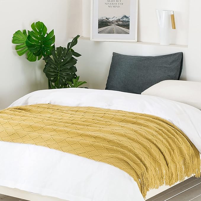 BOURINA Mustard Throw Blanket 50x60 Inches Throw Textured Solid Soft Sofa Couch Decorative Knit Blanket