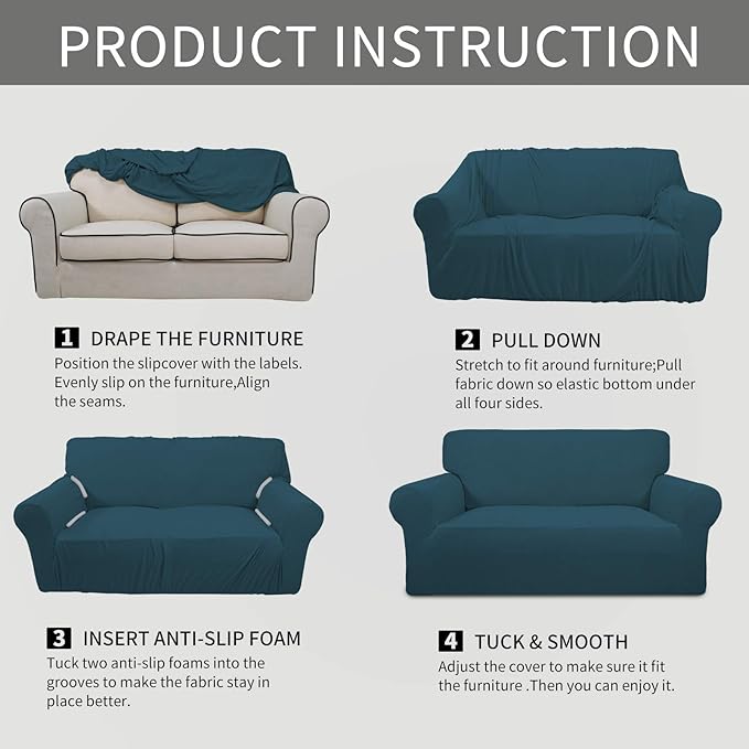 Easy-Going Stretch 4 Seater Sofa Slipcover 1-Piece Sofa Cover Furniture Protector Couch Soft with Elastic Bottom for Kids, Polyester Spandex Jacquard Fabric Small Checks Deep Teal