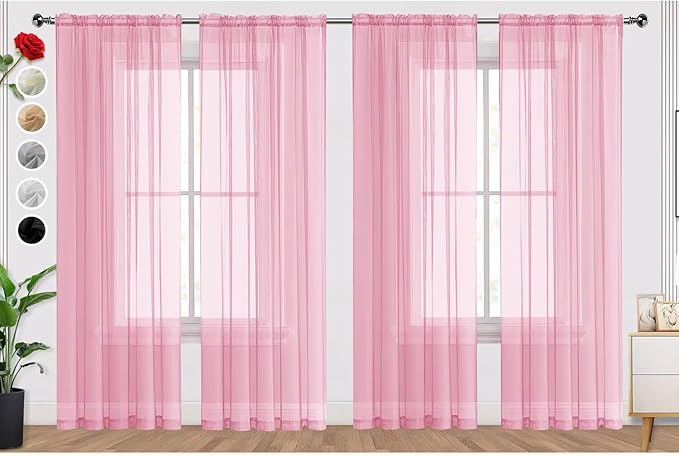 SpaceDresser Sheer Light Pink Curtains 4 Panels Rod Pocket Semi-Sheer Curtain 54 Inches Long Light Filtering Voile Window Drapes for Bedroom Living Room Kitchen, Each 52W x 54L