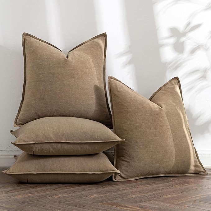 MIULEE Khaki Linen Pillow Covers Pack of 4 Decorative Natural Solid Throw Pillow Covers Soft Accent Boho Farmhouse Couch Pillowcases Modern Spring Home Decors for Living Room Bed Sofa 20x20 Inch