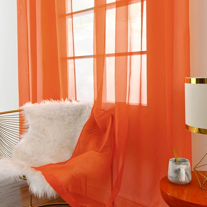 SpaceDresser Sheer Voile Window Treatment Rod Pocket Curtain Panels for Kitchen Bedroom Living Room Drapes Sunlight Filtering Privacy Semi Home Decor Assorted (Burnt Orange, 52 W x 84 L)