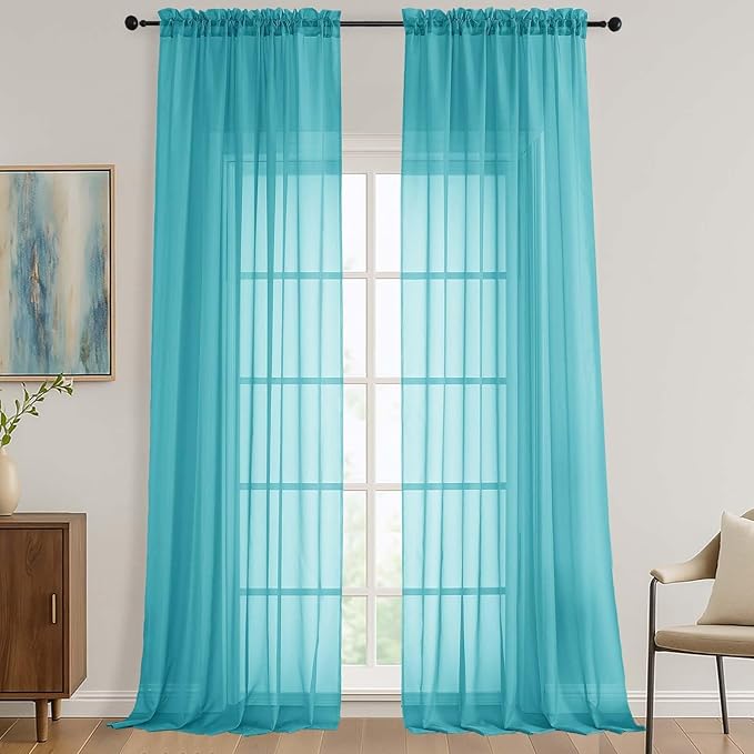 OVZME Turquoise Sheer Curtains 120 Inches Long 2 Panels Set, 59 Inch Extra Wide Soft Airy Lightweight Sheer Curtains for Living Room, Farmhouse Voile Filmy Rod Pocket Drapes, 59Wx120L Inches