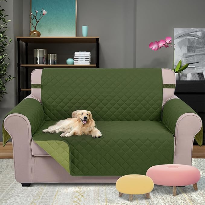 U-NICE HOME Loveseat Sofa Cover Reversible Couch Covers for 2 Cushion Couch for Dogs Furniture Protector Cover with Elastic Straps Water Resistant(Loveseat Small, Huntergreen/Sage)