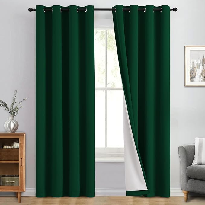 Yakamok 100% Blackout Curtain Panels 84 inches Cold and Light Blocking Drapes for Nursery, 2 Thick Layers Thermal Insulated Draperies (2 Pieces, 50 Wide Each Panel, Dark Green/White Backing)