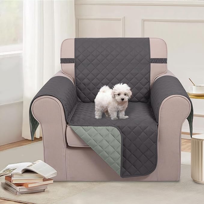 U-NICE HOME Reversible Oversized Chair Covers Quilted Water Repellent Pet Protectors with Elastic Straps(28''Armchair, Dark Grey/Light Grey)