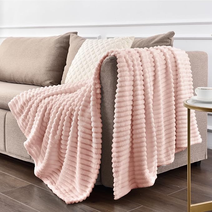 BEDELITE Fleece Blanket Twin Size – 3D Ribbed Jacquard Soft and Warm Decorative Fuzzy Blankets – Cozy, Fluffy, Plush Lightweight Throw Blankets for Couch, Bed, Sofa(Light Pink, 60x80 inches)