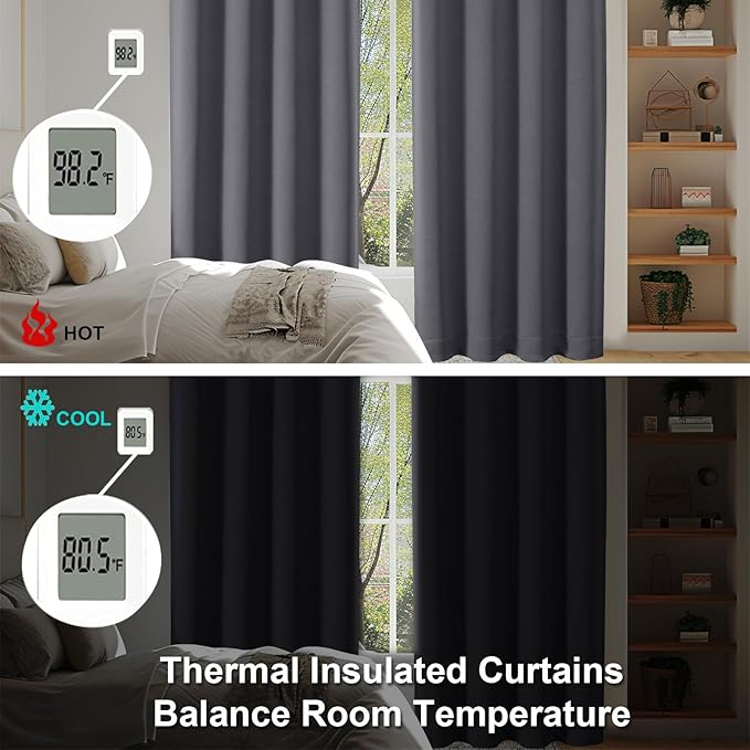 Simplebrand Ava Grey Blackout Extra Long 10ft Curtains for Patio 120 Inches Long 2 Panels Set, Solid Thermal Insulated Energy Saving Rod Pocket Window Treatment Curtains Blackout Drapes, 50 Wx120 L