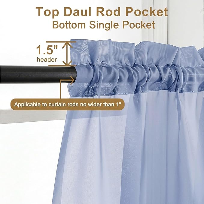 Chyhomenyc Sheer Valances for Windows - Light Filtering Small Window Curtains for Living Room Bathroom Cafe Laundry Basement, Modern Dual Rod Pocket Voile Curtain, 42Wx14L inches, Denim Blue, 2 PCS