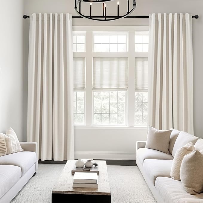 Topfinel 90 Inches Long Full Blackout Linen Curtains for Bedroom, Pinch Pleat Black Out Curtains, Viral Farmhouse Modern Lined Track Drapes 2 Panels Set for Living Room Sliding Door Winter