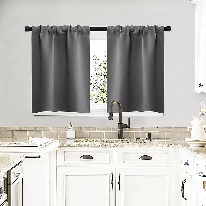 NICETOWN Short Curtains, Grey Window Curtains for Bedroom, Home Decoration Thermal Insulated Rod Pocket Blackout Blinds & Drapes for Small Windows (Gray, 2 Panels, W29 x L20 -Inch)