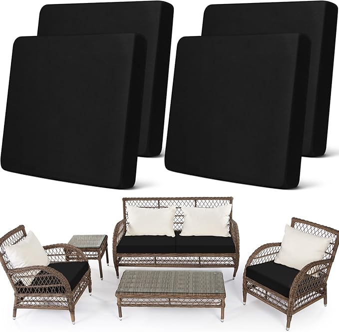 Newwiee Set of 4 Stretch Patio Cushion Covers Sofa Couch Seat Chair Slipcovers Cushion Cover Replacement Furniture Protector for Pets Washable(Black,Seat Cover,Solid)