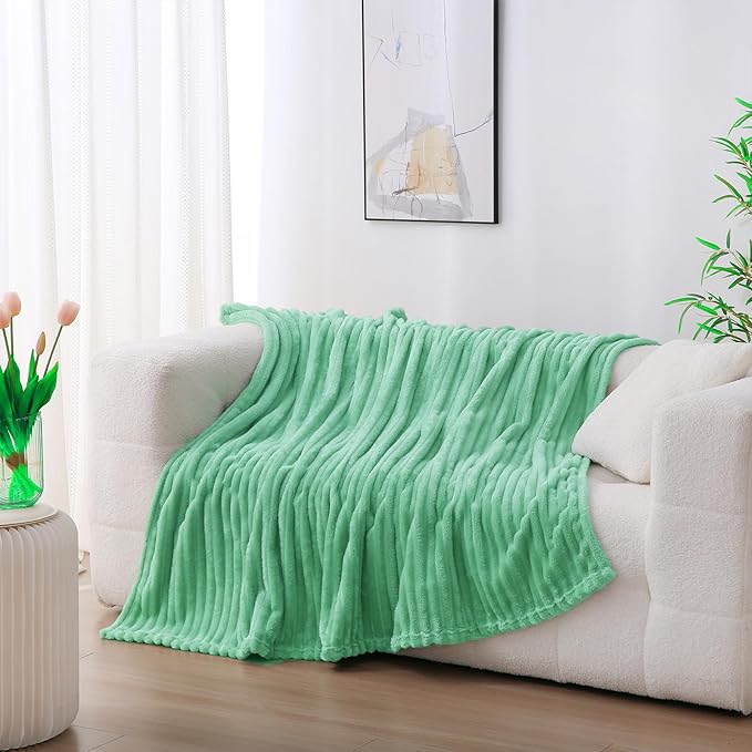 Mint Green Fleece Throw Blanket 60”×80” for Couch Sofa Bed,Super Soft Cozy Plush Microfiber Flannel Blanket with Stripes Design Lightweight for Adults,Woman,Girls