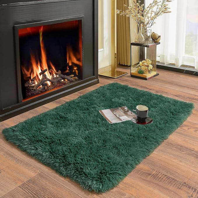 Soft Runner Rugs for Bedroom Hallways New Upgraded Non-Slip Bottom, 2x3 Green Fluffy Shag Throw Area Rug for Bedside Dorm, Long Shaggy Furry Carpet for Nursery Living Room