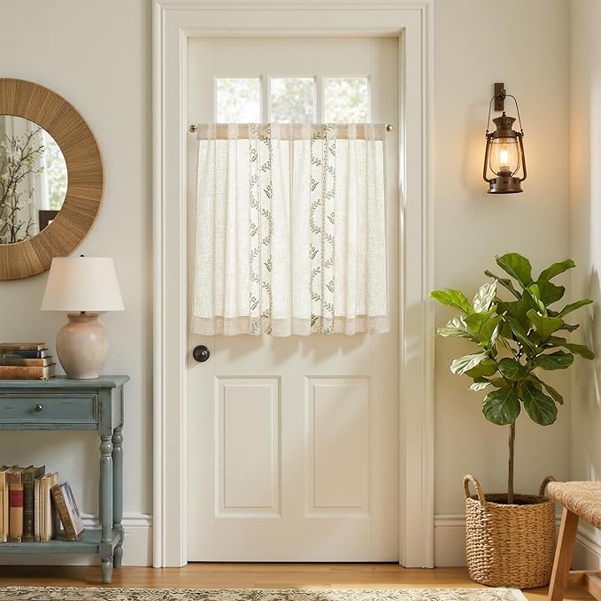 jinchan Belrose Linen Floral Kitchen Curtains 36 inch Length Embroidered Farmhouse Cafe Curtains for Living Room Bathroom Small Windows Curtain Set Sheer Light Filtering 2 Panels Sage Green