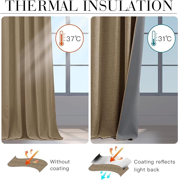 RYB HOME Burlap 100% Blackout Curtains 63 inch Long, Light Blacking & Thermal Insulated Curtains for Nursery/Bedroom/Boys'Room, Back Tab & Rod Pocket Window Treatment, W52 x L63, 2 Panels
