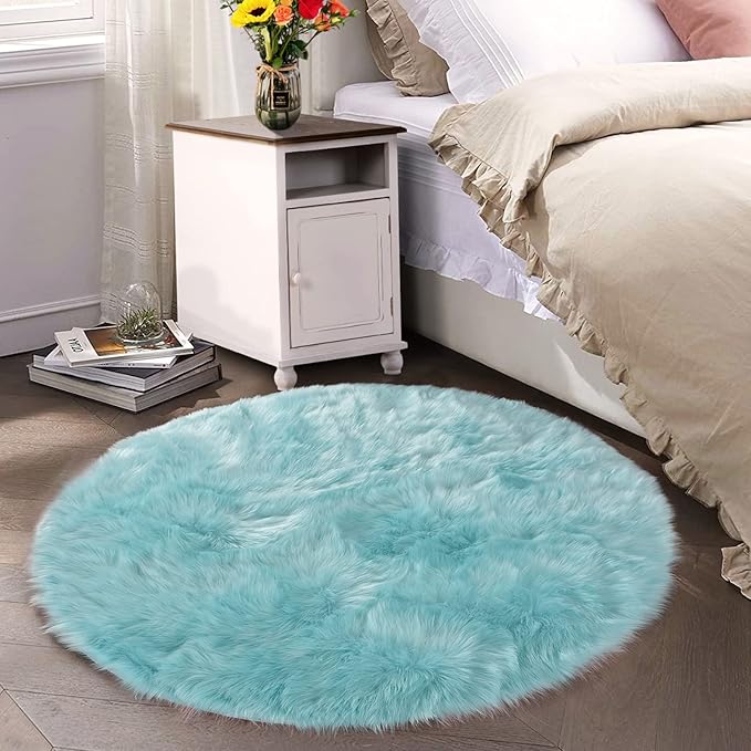 Latepis Fluffy Light Blue Round Rug 5ft Faux Fur Fluffy Washable Rugs Shag Circle Rugs for Living Room Bedroom Plush Throw Rug Room Decor