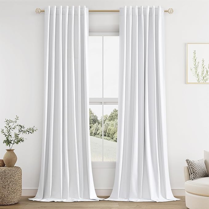 Guken White 100% Blackout Linen Curtains 144 Inch Length 2 Panels Set for Living Room Bedroom Back Tab Thermal Insulated Black Out Drapes Room Darkening Window Curtains