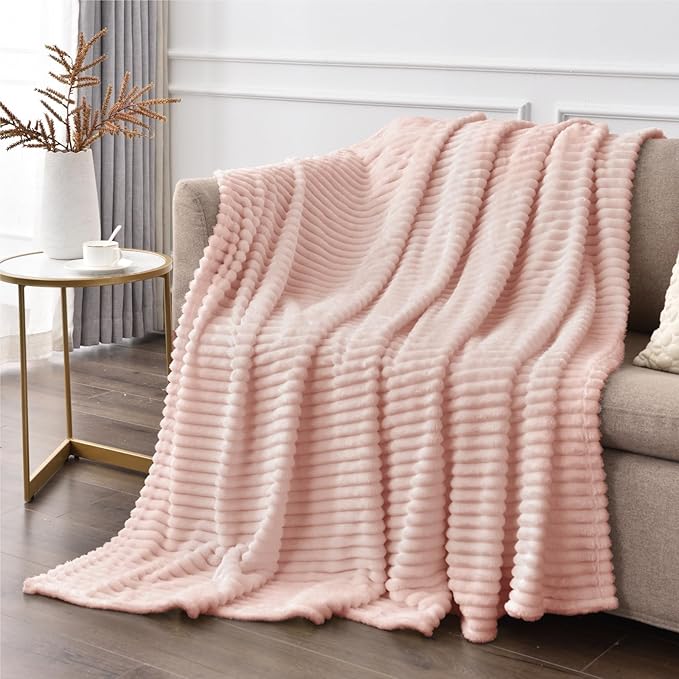BEDELITE Fleece Throw Blanket for Couch – 3D Ribbed Jacquard Soft and Warm Decorative Fuzzy Blanket – Cozy, Fluffy, Plush Lightweight Light Pink Throw Blankets for Bed, Sofa, 50x60 inches