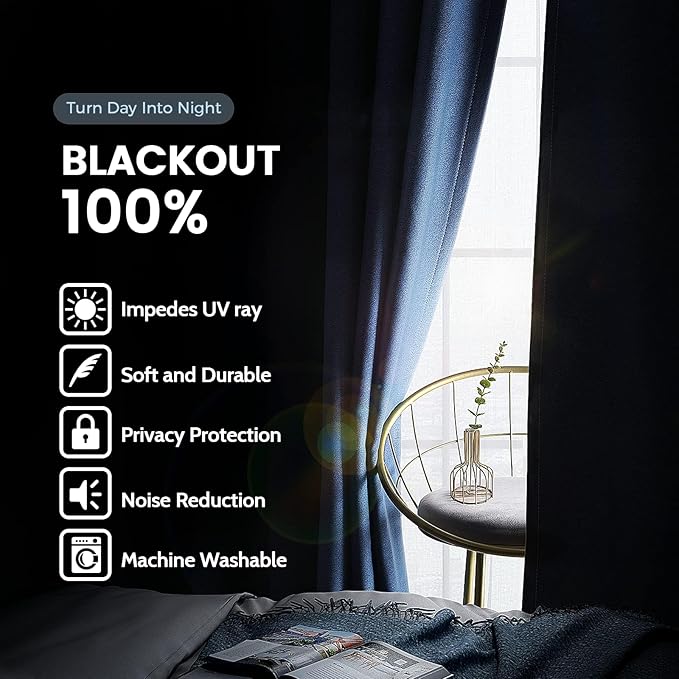 SimpleHome 100% Blackout Curtains for Bedroom,Thermal Insulated Navy Blue Grommet Window Drapes Room Darkening Curtains for Living Room with Black Back,38 x 72 Inch,2 Panels