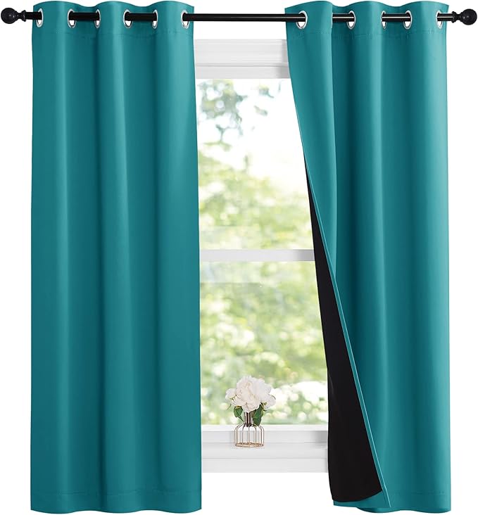 NICETOWN Peacock Teal 100% Blackout Lined Curtains, 2 Thick Layers Narrow Wide Window Treatment Panels Thermal Insulated Drapes for Kitchen Small Window (1 Pair, 37" Width x 63" Length Each Panel)