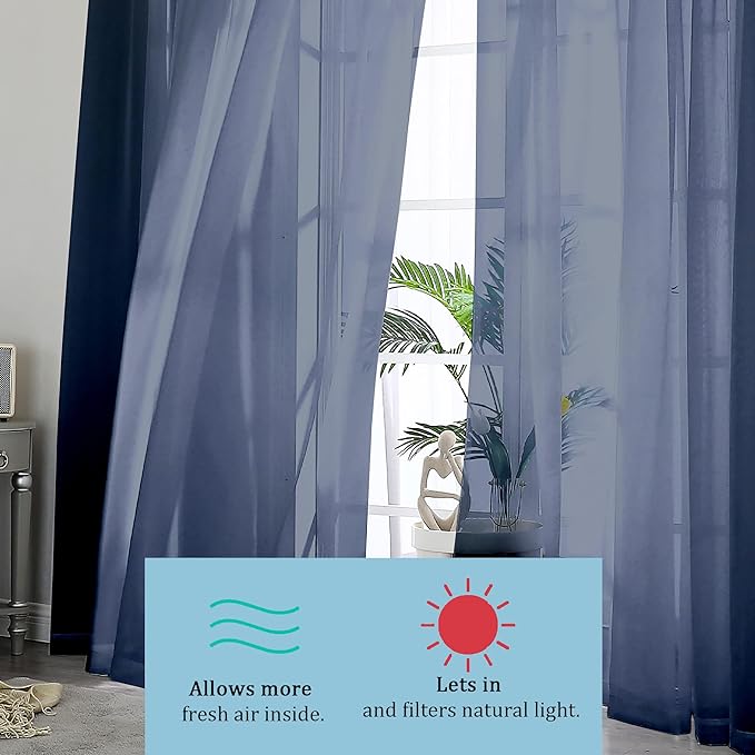 OWENIE Blue Sheer Curtains, Sheer Curtains 84 inch Length 2 Panels Set, Rod Pocket Voile Fimly Sheer Drapes for Living Room/Bedroom, 2pcs, Each 42" W x 84" L, Navy Blue