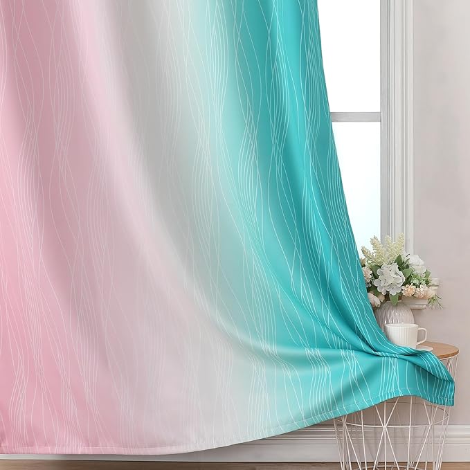 Estelar Textiler Pink and Teal Blackout Curtains 102 Inch Length 2 Panels Set, Thermal Insulated Ombre Grommet Drapes for Bedroom, Full Room Darkening Gradient Curtains for Living Room, 52Wx102L