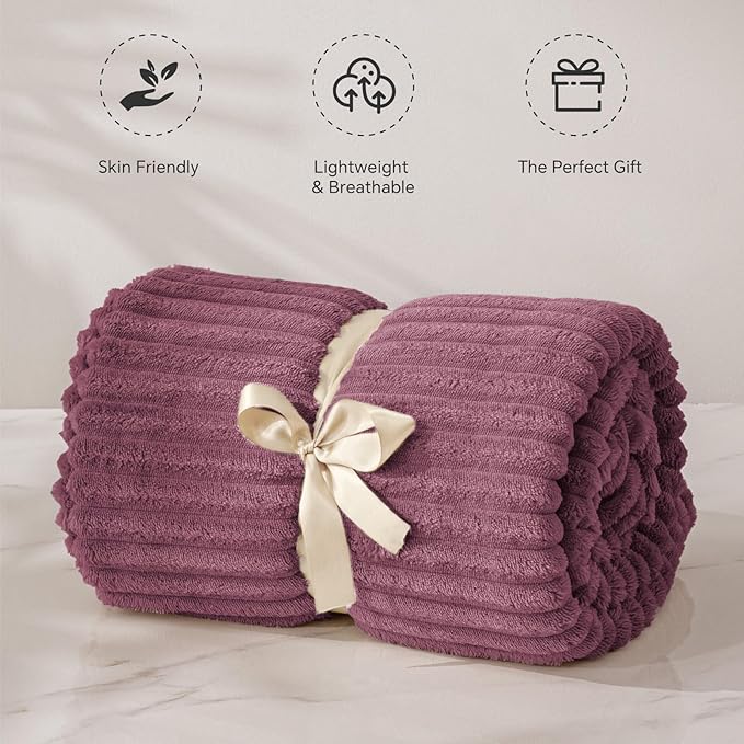 BEDELITE Fleece Blanket Twin Size – 3D Ribbed Jacquard Soft and Warm Decorative Fuzzy Blankets – Cozy, Fluffy, Plush Lightweight Throw Blankets for Couch, Bed, Sofa(Plum, 60x80 inches)
