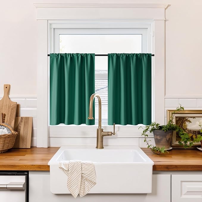 RYB HOME 100% Blackout Bathroom Curtains Over Sink 24 inches Long, Heat & UV Blocking Total Room Darkening Noise Reducing Curtains for Basement RV Campers, Dark Green, 2 Panels Set