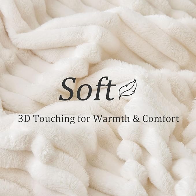 BEDELITE King Size Blanket for Bed, 300GSM Soft & Warm Fleece Blanket, Decorative and Giftable Striped Cream White Blankets for Women, Men, 108"x90"