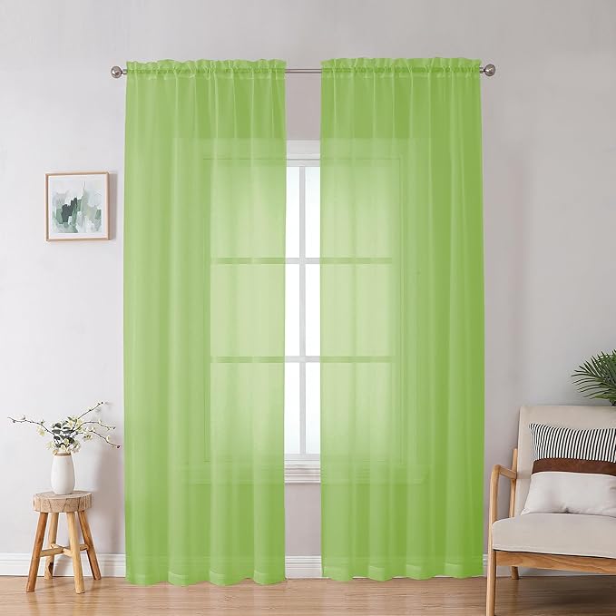 OWENIE Lime Sheer Curtains for Bedroom Living Room 90 Inches Long, Elegant Solid Light Filtering Window Curtain Panles, Modern Rod Pocket Lime Curtain, 2Pcs, Each 42" W x 90" L