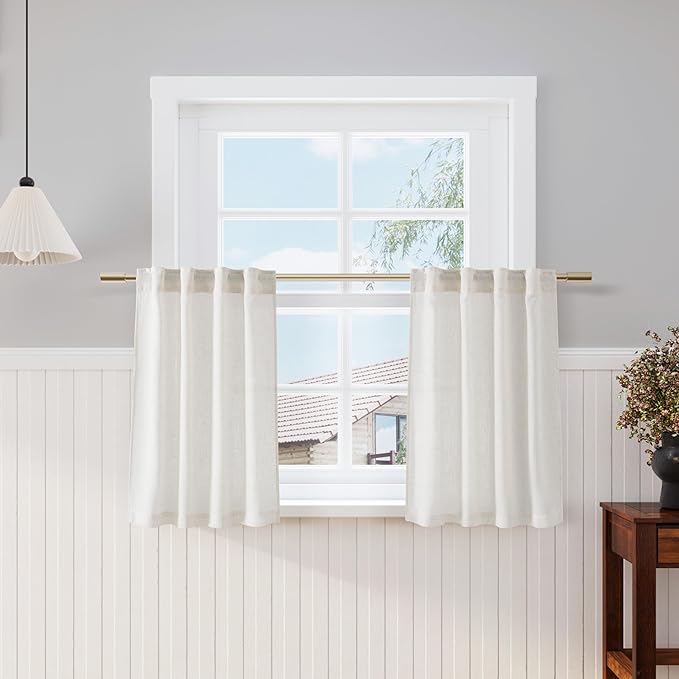 Nanspring Cream Linen Cafe Curtains 30 Inch Length Privacy Light Filtering Semi Sheer Front Door Small Window Curtains Back Tab Rod Pocket Short Curtain for Bathroom Kitchen Basement RV 26x30 Cream