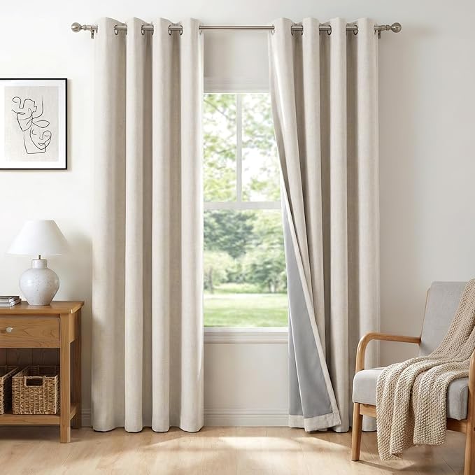 100% Blackout Curtains 63 Inch Length Linen Textured Blackout Curtains for Bedroom Grommet Curtains for Living Room Window Treatment Curtain Drapes(50"W x 63"L, 2 Panels, Beige)