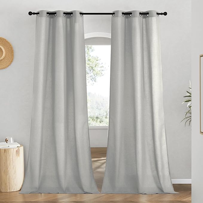 NICETOWN Linen Curtains for Windows 90 inch Long, Grommet Semi Sheer Vertical Drapes Privacy Added with Light Filtering for Doorway/Living Room, Gray, W42 x L90, 2 Pieces