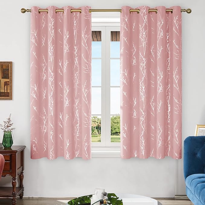 Deconovo Pink Curtains, Blackout Drapes, Thermal Insulated Soundproof Privacy Curtain, Silver Tree Print, 52 x 63 Inch, Machine Washable Window Panels for Girls Bedroom Living Room Nursery, Set of 2