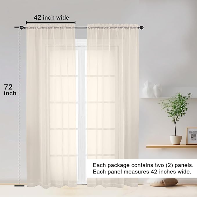 OWENIE Sheer Curtains 72 Inches Long 2 Panels Set, Light Filtering Sheer Curtain Rod Pocket Clear Drapes for Living Room Bedroom Window Sliding Door, Each 42 x 72 Inch, Cream